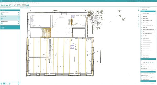 Architectural floor plan of a building: a rectangular layout with exterior walls and multiple interior rooms, door openings, and partition walls, rendered as a blueprint-style drawing.