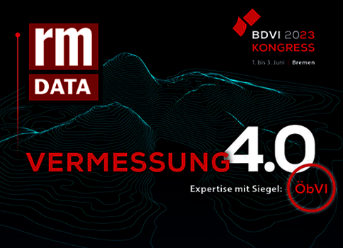 Banner zum BDVI-Kongress 2023: Vermessung 4.0 – Expertise mit Siegel. Links das rm DATA-Logo, rechts Kongressdaten; im Hintergrund eine abstrakte topografische Linienlandschaft.