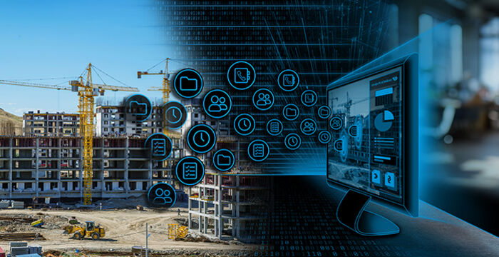 Baustelle mit Kränen und Gerüsten links; rechts ein Computerbildschirm, aus dem digitale Symbole und vernetzte Symbole hervortreten, als Symbol für Industrie 4.0 und die Digitalisierung der Bauindustrie.