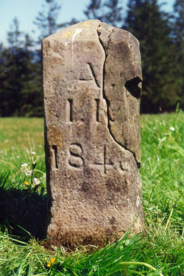 Ein alter, brüchiger Meilenstein steht auf einer grünen Wiese; seine Oberfläche ist verwittert und von mehreren Rissen durchzogen. Darin sind eingeritzte Buchstaben und Zahlen zu erkennen. Hinter dem Stein wachsen Gras, im Hintergrund stehen Bäume.