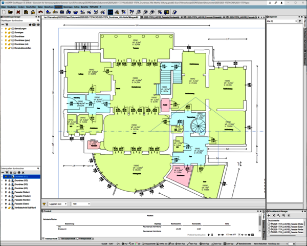 A color-coded architectural floor plan of a multi-room building showing hallways, a stairwell and elevator, and rooms in green, blue, and pink, with dimension lines and annotations.