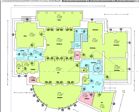 A color-coded architectural floor plan of a multi-room building showing hallways, a stairwell and elevator, and rooms in green, blue, and pink, with dimension lines and annotations.