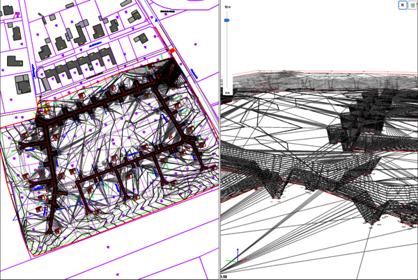 Two-panel technical visualization: left shows a 2D site plan with a highlighted irregular boundary and dense network of lines and points within a plotted area; right shows a 3D wireframe model of layered terrain or structures with overlapping truss-like elements.