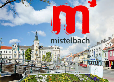Blick auf Mistelbach, Österreich: eine belebte Straßenansicht mit Brücke über einen Kanal, Blumenbeeten im Vordergrund, pastelfarbene Häuser und einen Turm in der Mitte. Über dem Bild prangt ein rotes Logo in Form eines 'n' mit dem Schriftzug 'mistelbach'.