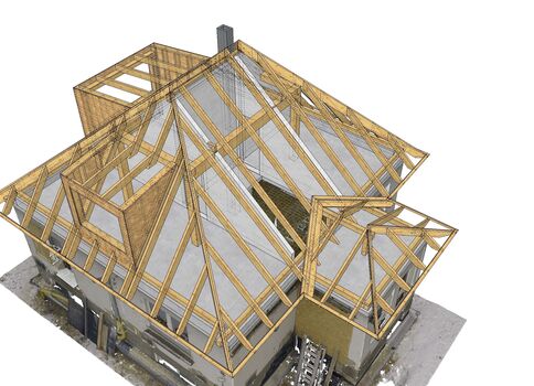 Fertige Dachkonstruktion/Dachstuhl auf Basis der 3DWorx-Daten