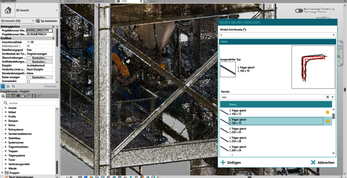 Screenshot einer CAD-Anwendung mit einem 3D-Stahlrahmen/Gestell aus Kreuzverbindungen; links Eigenschaftenfenster, rechts Dialogfenster "Neuen Balken erzeugen".
