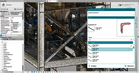 Screenshot einer CAD-Anwendung mit einem 3D-Stahlrahmen/Gestell aus Kreuzverbindungen; links Eigenschaftenfenster, rechts Dialogfenster "Neuen Balken erzeugen".