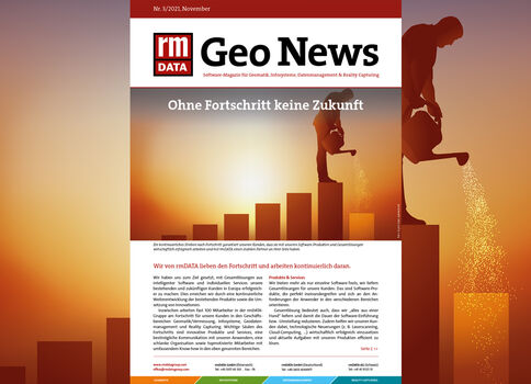 Titelseite von Geo News mit dem Slogan 'Ohne Fortschritt keine Zukunft'. Eine Silhouette steigt auf ein aufsteigendes Balkendiagramm vor Sonnenuntergang.