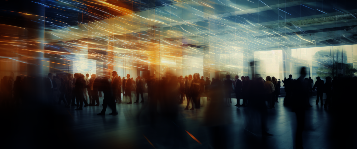 Viele Menschen in einer belebten modernen Halle mit Glaswänden; unscharfe Silhouetten gehen, während farbige Lichtstreifen Gelb- und Blautöne über die Szene ziehen.