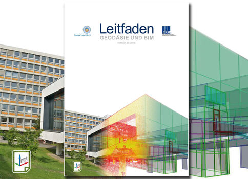 Eine Broschüre mit dem Titel Leitfaden Geodäsie und BIM. Das Cover zeigt Logos, ein modernes Gebäudemodell und farbige, transparente Linien, die BIM-Visualisierung und Geodäsie darstellen.