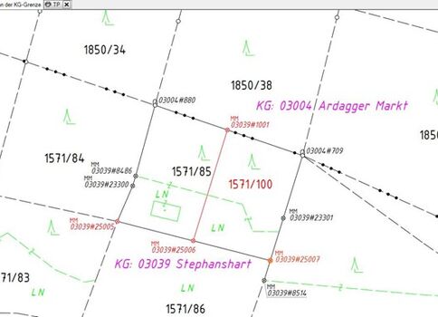 Katastralkarte: Übersicht von Grundstücksparzellen mit Grenzlinien und Parzellen-Nummern (z. B. 1571/83, 1571/84, 1571/85, 1571/86, 1571/100, 1850/34, 1850/38). Magenta Beschriftungen kennzeichnen Katastergebiete; grüne Symbole markieren Bäume oder Grenzpunkte; gestrichelte Linien zeigen Flächenbegrenzungen.