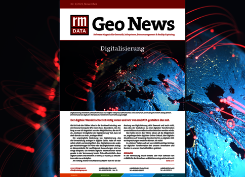 Titelseite des Magazins Geo News zum Thema Digitalisierung. Oberhalb mittig das Logo rm DATA. Zentral eine Weltkarte in Blau mit roten digitalen Verbindungsströmen. Unterhalb befinden sich Textblöcke, die die digitale Transformation beschreiben.