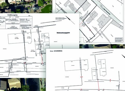 Collage aus Bau- und Lageplänen: Grundrisse von Gebäuden, Lagekarten, Straßenpläne sowie Luftbildausschnitte des Baugeländes. Enthält Grenzlinien, Maßangaben und Hinweise zur Bodensanierung des Gebiets.