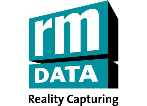 Logo des Unternehmens rm DATA: zwei türkisfarbene Quadrate mit den weißen Texten 'rm' oben und 'DATA' unten; darunter der Slogan 'Reality Capturing'.