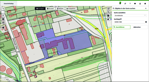Suche nach Grundstücken, Adressen, uvm. in der Karte von rmDATA GeoWeb
