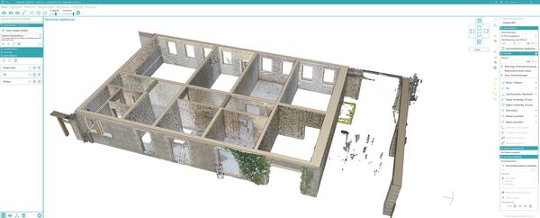 A 3D architectural model of a rectangular building with interior walls dividing it into multiple rooms; exterior walls show openings for doors and windows; the model is displayed in a design software interface.