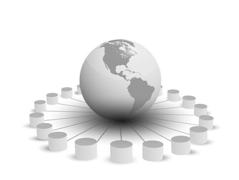 Une sphère terrestre au centre entourée d’un anneau de petits cylindres disposés en cercle, symbolisant la connectivité et les réseaux mondiaux.