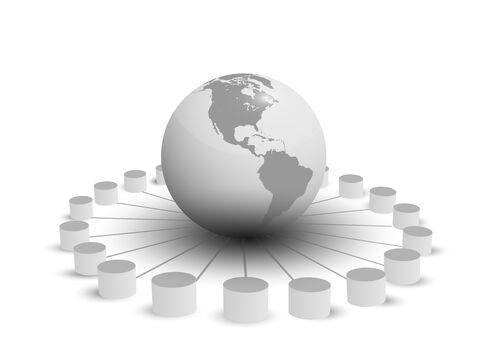 Une sphère terrestre au centre entourée d’un anneau de petits cylindres disposés en cercle, symbolisant la connectivité et les réseaux mondiaux.