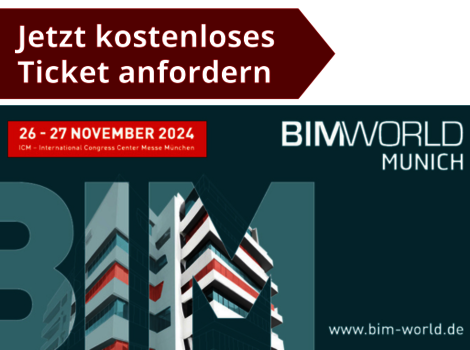 Werbebanner für BIM World Munich 2024 in München. Termine: 26.–27. November im ICM – Internationales Congress Center. Aufforderung: Jetzt kostenloses Ticket anfordern. Abgebildet sind architektonische Gebäudestrukturen.