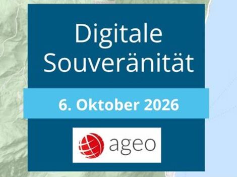 Poster mit dunkelblauem Hintergrund und dem Titel "Digitale Souveränität", darunter ein hellblaues Band mit "6. Oktober 2026". Unten befindet sich ein weißes Kästchen mit rotem Globus und dem Schriftzug "ageo".