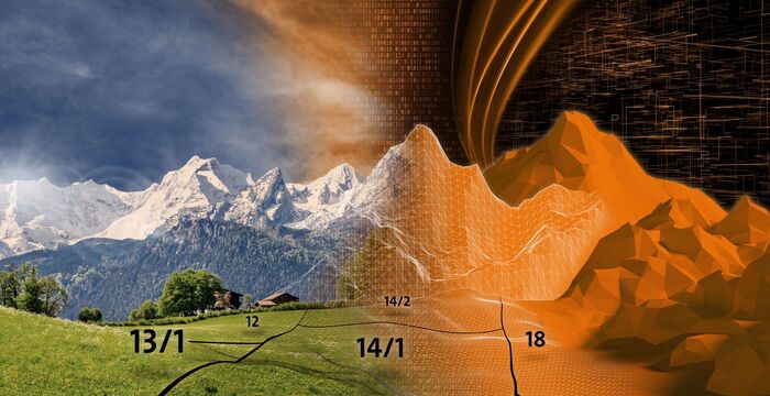 Eine Landschaft zeigt links grüne Wiesen, Bäume, Berge und ein Dorf; rechts eine leuchtend orange, digitale Gebirgslandschaft mit Kurvenlinien, die Natur und Technologie gegenüberstellt.