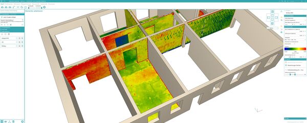 3D building floor plan with color-coded zones on walls and floors from red to blue, illustrating a heat map or energy performance across interior rooms.