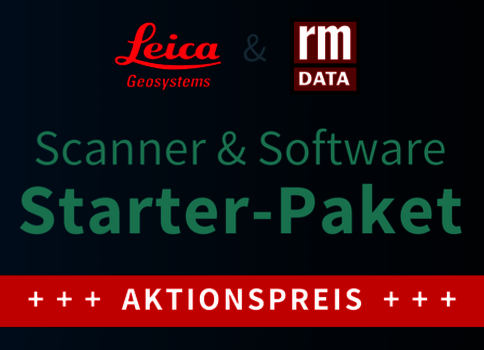 Werbebild für ein Scanner- und Software-Starter-Paket von Leica Geosystems und RM Data. Im Zentrum die Worte "Scanner & Software Starter-Paket"; unten eine rote Leiste mit "+++ AKTIONSPREIS +++".
