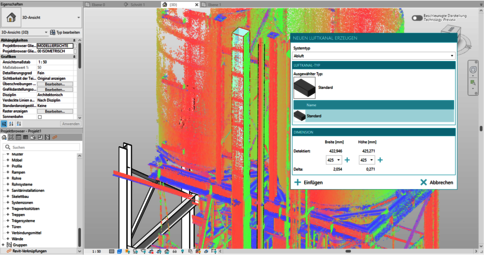 Eine farbcodierte 3D-CAD-Struktur aus roten, orangen, grünen und blauen Linien. Links befinden sich Eigenschaftenfenster, und ein geöffnetes Dialogfeld trägt die Überschrift "Neuen Luftkanal erzeugen".