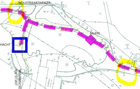 Schematische Karte eines Leitungsabschnitts mit rosa Markierung der Rohrleitung, mehreren Kurven; gelbe Kreise heben zwei Stellen hervor; blaue Box umrundet eine Muffe; Beschriftungen wie Industrieabzweiger und Muffe zeigen Verlegung und Verzweigung der Leitung.