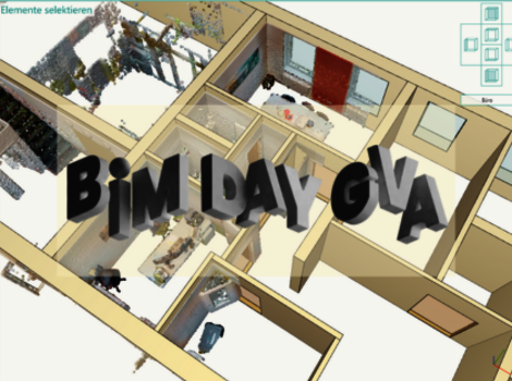 Isometrische 3D-BIM-Darstellung eines Gebäudes mit Innenräumen, Wänden, Türen und Möbeln. Blick von oben über Flure und Räume; der Text "BIM DAY GVA" liegt groß über dem Modell.