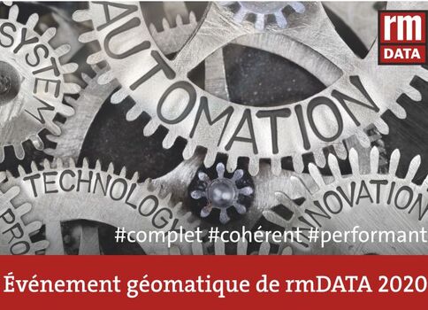 Affiche montrant des engrenages entrelacés portant les mots AUTOMATION, TECHNOLOGIE et INNOVATION; en bas, une bande rouge indique l'Événement géomatique de rmDATA 2020.