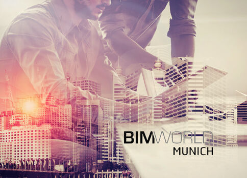 Zwei Fachleute arbeiten an Architektenmodellen vor einer modernen Stadtsilhouette; im Bild setzen Lichtakzente. Das Logo "BIM World Munich" deutet auf eine BIM-Veranstaltung in München hin.