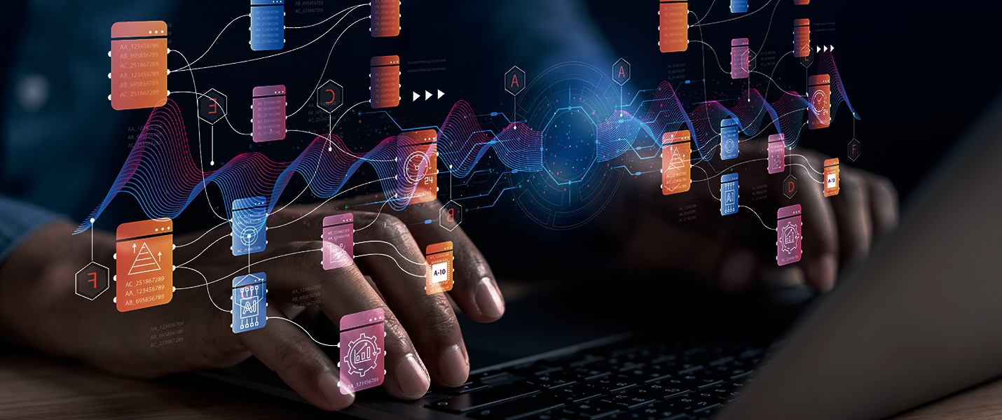 Nahaufnahme von Händen, die auf einer Laptop-Tastatur tippen, umgeben von farbigen holographischen Datenblöcken und digitalen Graphen, die moderne Technologie und Datenaustausch visualisieren.