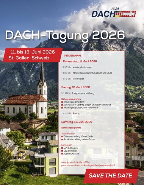 Plakat zur DACH-Tagung 2026 mit Berglandschaft, Dorf und Kirche in St. Gallen, Schweiz. Großes Titelbild „DACH-Tagung 2026“, rote Datumsleiste 11.–13. Juni 2026. Programm-Abschnitt mit Terminen; rotes „Save the Date“-Banner unten rechts.