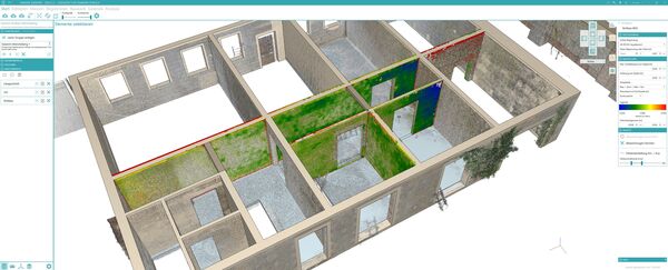 Isometric 3D rendering of a multi-room building interior showing partition walls, door openings, and color-coded areas (green and red), displayed within a design software interface.