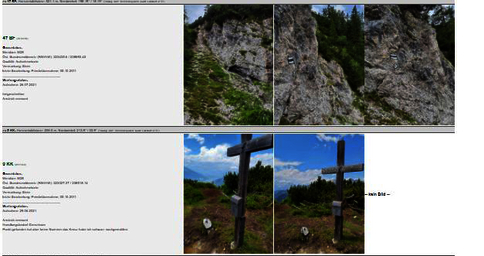 Zweigeteilte Landschaftsaufnahme: Oben felsige Klippen mit Grasbewuchs; unten zwei hölzerne Kreuzpfosten am Wanderweg in einer bergigen, grünen Landschaft vor blauem Himmel.