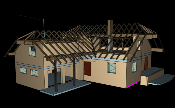 3D-Darstellung eines Hauses in Bauphase mit freigelegtem Holzdachstuhl; Vorderfront mit Veranda, mehreren Fenstern und seitlichem Anbau, die Dachkonstruktion besteht aus sichtbaren Holzbalken.