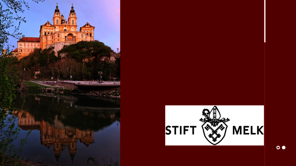 Barockes Stift Melk thront auf einem Hügel über dem Donauufer; der Fluss spiegelt die Anlage. Rechts roter Hintergrund mit dem weißen Stift-Melk-Logo.