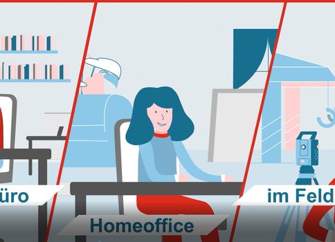 Das Bild zeigt drei Arbeitsorte: Links Büro mit einer Person am Computer, Mitte Homeoffice mit Laptop, Rechts Feldarbeit mit einem Arbeiter im Helm.