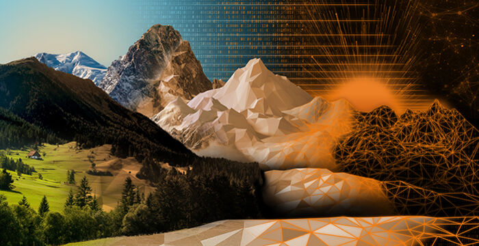 Eine bergige Landschaft: links grüne Täler und Wälder, in der Mitte majestätische Schneeberge; rechts eine orange, polygonale, digitale Bergkette mit Netzstrukturen und einer untergehenden Sonne – Darstellung der Verbindung von Natur und Technologie.