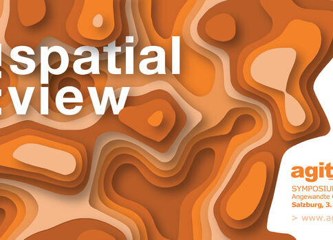 Abstraktes, orangefarbenes Topografie-Design mit schichtartigen Formen. Links ist der weiße Text „The spatial view“ zu sehen. Unten rechts steht das orangefarbene Logo „agit2019“ mit Hinweisen zum Symposium und zur Expo in Salzburg, 3.–5. Juli 2019.