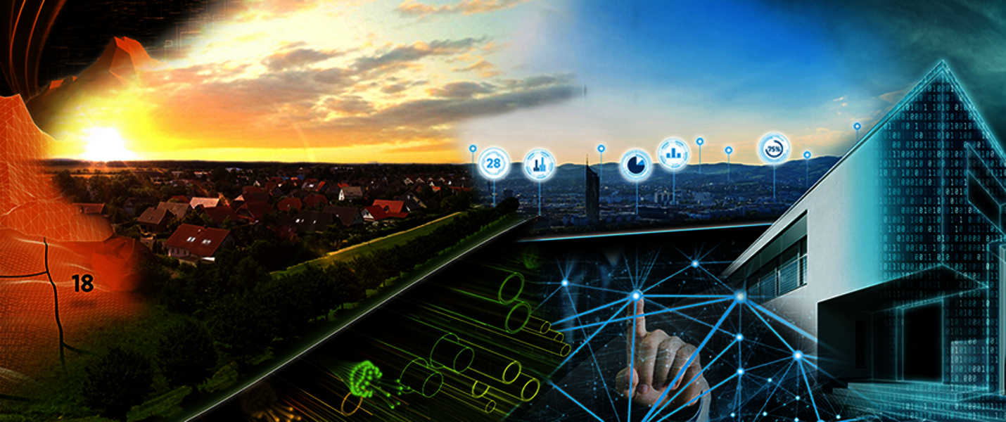 Eine Panoramadarstellung zeigt links Berglandschaft und Felder bei Sonnenuntergang, rechts eine futuristische Glasstadt mit leuchtenden Netzwerklinien – Symbol für die Verbindung von Natur und Technologie.