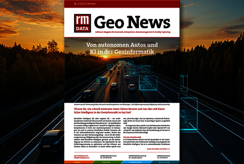 Titelbild der Zeitschrift Geo News: „Von autonomen Autos und KI in der Geoinformatik“. Ein Autobahnpanorama mit Autos und digitalen Overlay-Strukturen, die autonome Steuerung und Geoinformatik symbolisieren.