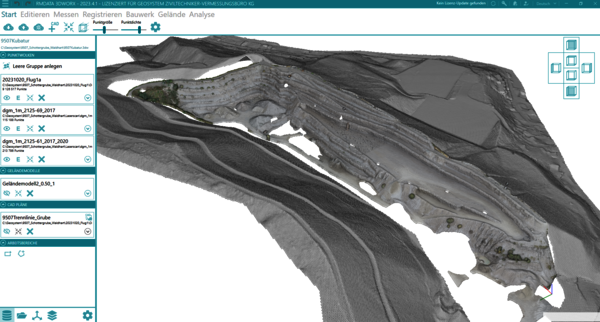 Daten aus Drohnenbefliegungen, aus terrestrischen Aufnahmen sowie aus Laserscans fließen in die Auswertung dieses Schotterabbaugebietes.