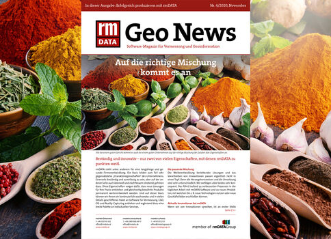 Collage aus bunten Gewürzen und Kräutern (Paprika, Kurkuma, Pfefferkörner, Rosmarin, Thymian) umgibt ein Geo News-Magazin-Cover mit dem Slogan „Auf die richtige Mischung kommt es an“.
