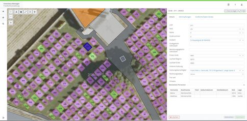 Screenshot einer GIS-Karte eines Grundstücks mit vielen Parzellen in lila und grün, durch eine Zufahrtsstraße geteilt; zentrale Gebäudeumrisse sichtbar. Rechts daneben eine Software-Benutzeroberfläche mit Einstellungsfeldern.