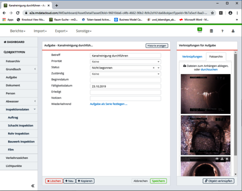 Screenshot eines Aufgabenverwaltungs-Interfaces. Ein geöffnetes Formular: 'Aufgabe: Kanalreinigung durchführen' mit Feldern Betreff, Priorität, Status, Zuständig, Beginn, Fertig, Notizen und Wiederkehrend. Links Menü mit Objekttypen, rechts Bereich 'Verknüpfungen' und Dateianhänge.