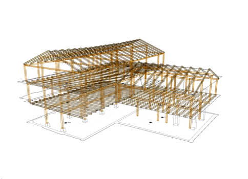 Screenshot einer Konstruktionssoftware: Links ein Grundriss eines Holzrahmenhauses, rechts ein 3D-Modell des Holzgerüsts; umgeben von Werkzeugleisten und Plänen.