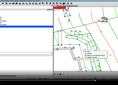 Screenshot of a GIS/CAD program: left panel with a layer tree, right panel showing a topographic map with green and orange contour lines, a hatched area, and a small annotation box near a point.