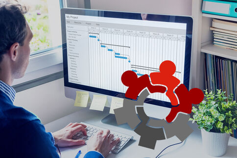 Eine Person sitzt an einem Schreibtisch und arbeitet am Computer. Auf dem Monitor ist ein Projektplan in Form eines Gantt-Diagramms sichtbar.